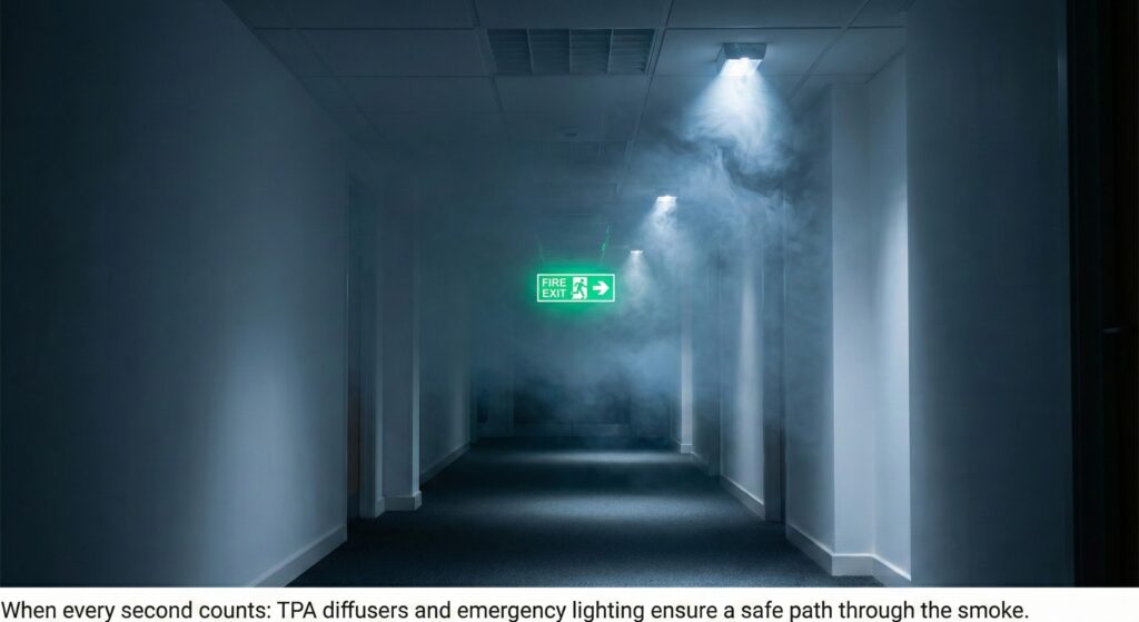 Image Brief: Emergency Evacuation Scenario

Concept: A dramatic visualization of a corridor during a fire emergency, highlighting the critical role of lighting and safety materials.

Visual Description: